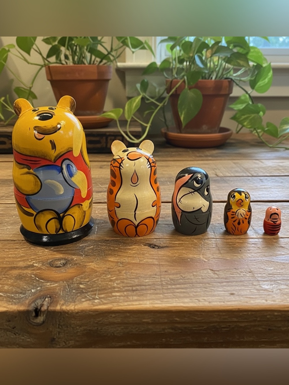 Winnie The Pooh Russian Style Wooden Nesting Dolls Set Of 5 Tigger Piglet Eeyore